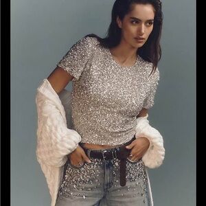 Anthropologie Maeve Silver Sequin Women's Top Size Small